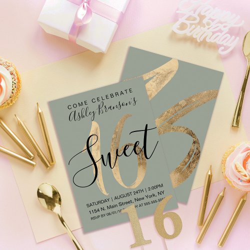 Girly Sage Green Faux Gold Foil Sweet 16 Invitation