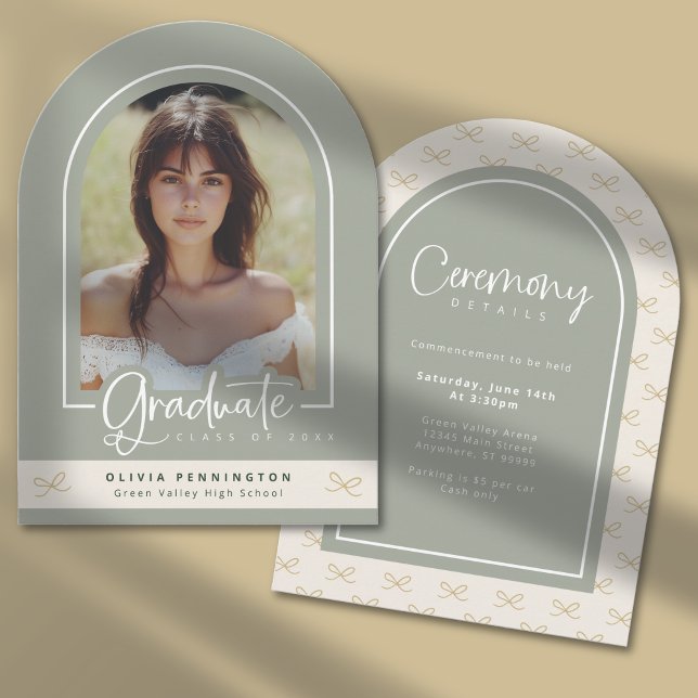 Girly Sage Green Photo Graduation Announcement  (Front + Back)