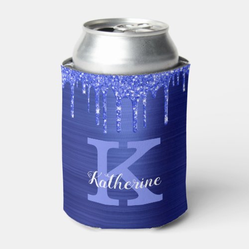 Girly Sapphire Blue Glitter Drips Monogram Name Can Cooler