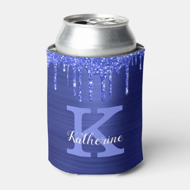 Girly Sapphire Blue Glitter Drips Monogram Name Can Cooler (Can Front)