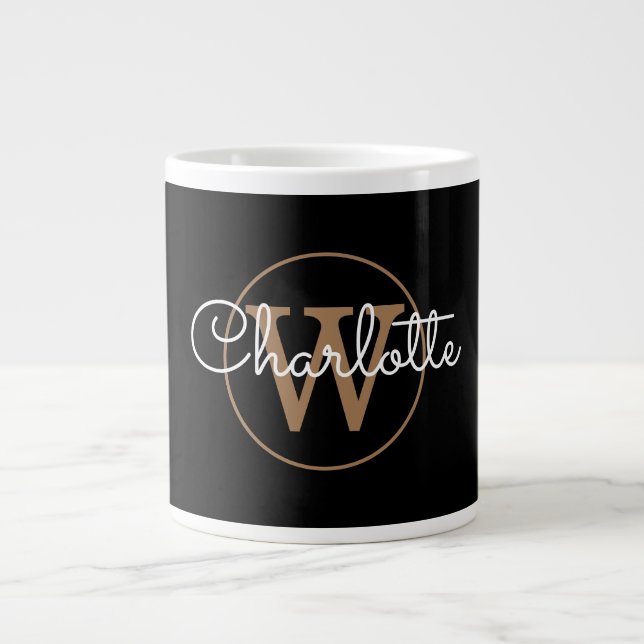 Girly Script Gold Monogram Modern Black Giant Coffee Mug (Front)