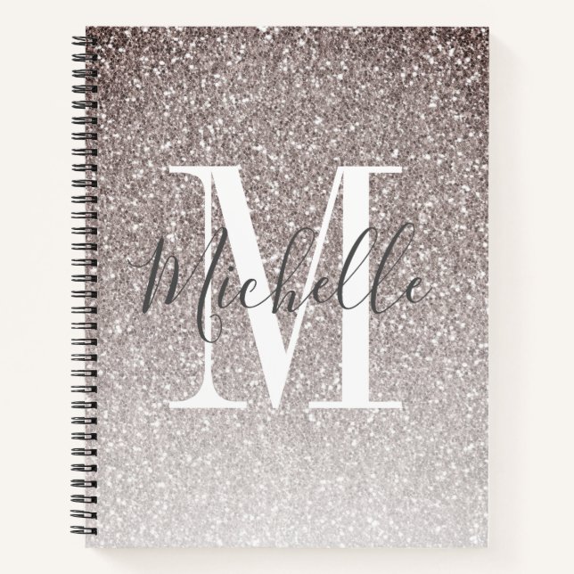 Girly Script Grey Glitter Sparkles Monogram Name Notebook (Front)