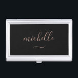 Girly Script Monogram Black Gold Business Card Case<br><div class="desc">Modern black and gold script name and swash business card case.</div>