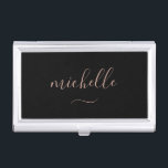Girly Script Monogram Black Gold Business Card Case<br><div class="desc">Modern black and gold script name and swash business card case.</div>