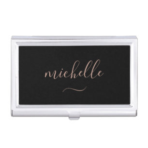 Girly Script Monogram Black Gold Business Card Case