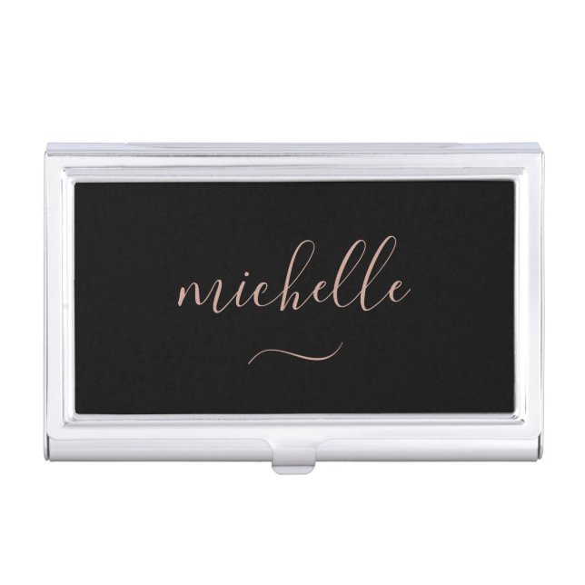 Girly Script Monogram Black Gold Business Card Case (Front)
