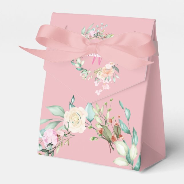 Girly Script Monogram Blush Pink Floral  Favor Boxes (Front Side)