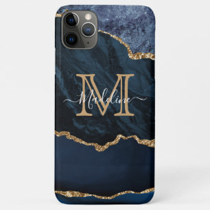 Girly Script Monogram Navy Blue Agate Geode iPhone 11 Pro Max Case