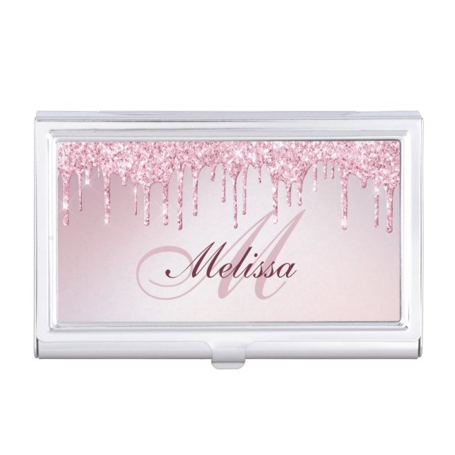 girly script monogram rose gold purple glitter  business card case (Front)