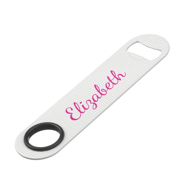 Girly Script Name with Classic Gray Chevron Speed Bottle Opener (Front Angled)