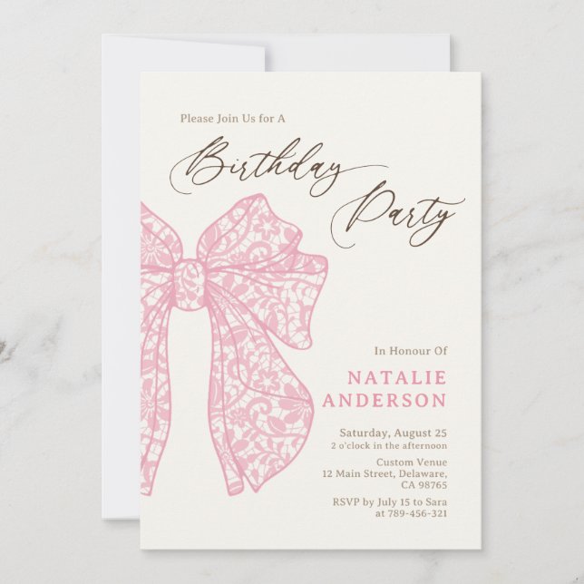Girly Script Pink Floral Lace Bow Birthday Party Invitation (Front)