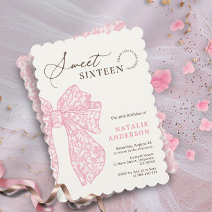 Girly Script Pink Floral Lace Bow Sweet Sixteen Invitation