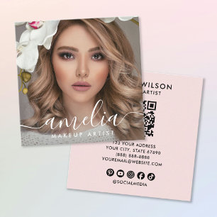 Girly Script QR Code Photo Square Blush Pink Business Card