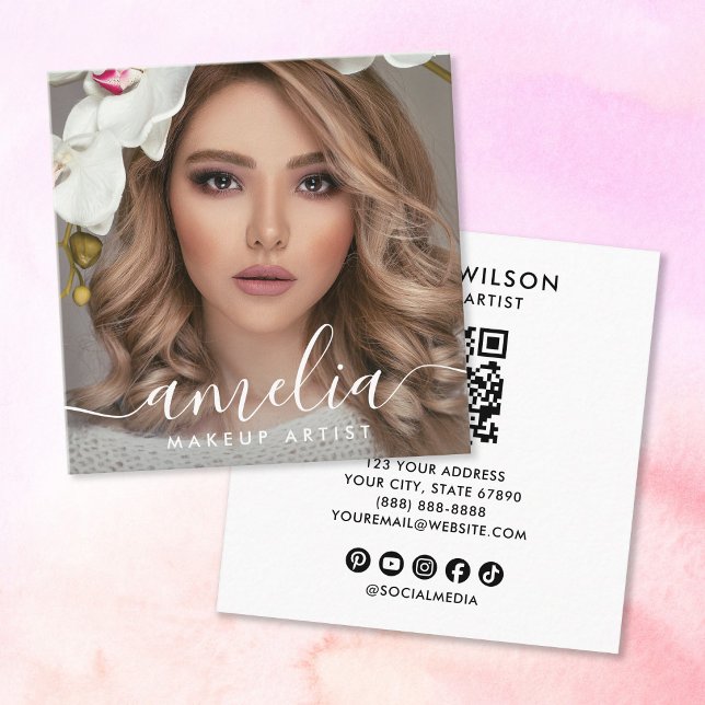 Girly Script QR Code Photo  Square Business Card (Creator Uploaded)