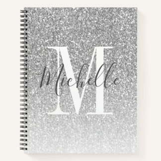 Girly Script Silver Glitter Monogram Name Notebook