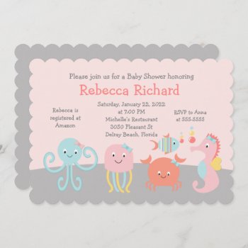 Girly Sea Ocean Life Pink Baby Shower Invitation by Personalizedbydiane at Zazzle