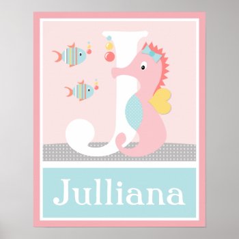 Girly Sea Ocean Life Pink Seahorse Initial Poster by Personalizedbydiane at Zazzle