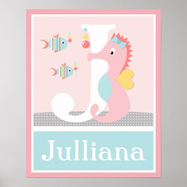 Girly Sea Ocean Life Pink Seahorse Initial Poster (Front)