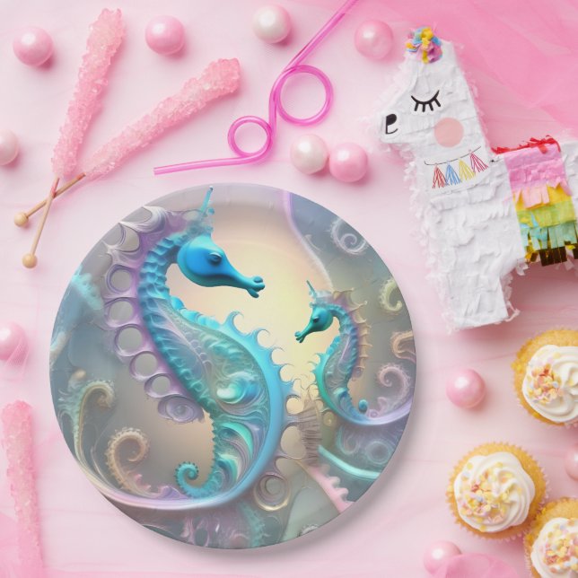 Girly Seahorses Pastel Fractal Art, Paper Plates (Party)