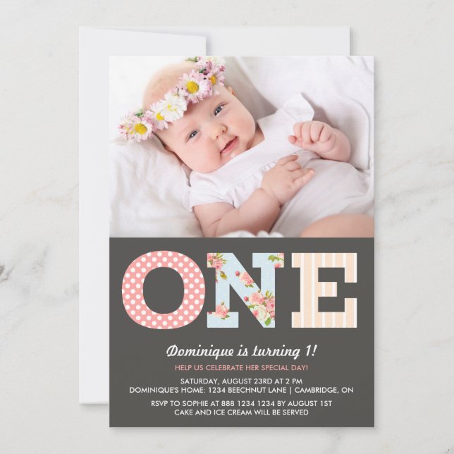 Girly Shabby Chic First Birthday Photo Invitation (Front)
