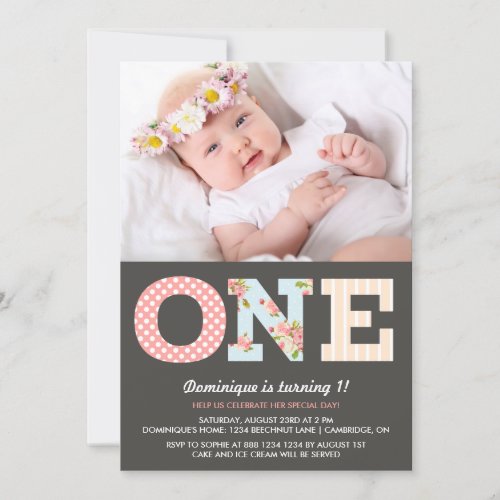 Girly Shabby Chic First Birthday Photo Invitation