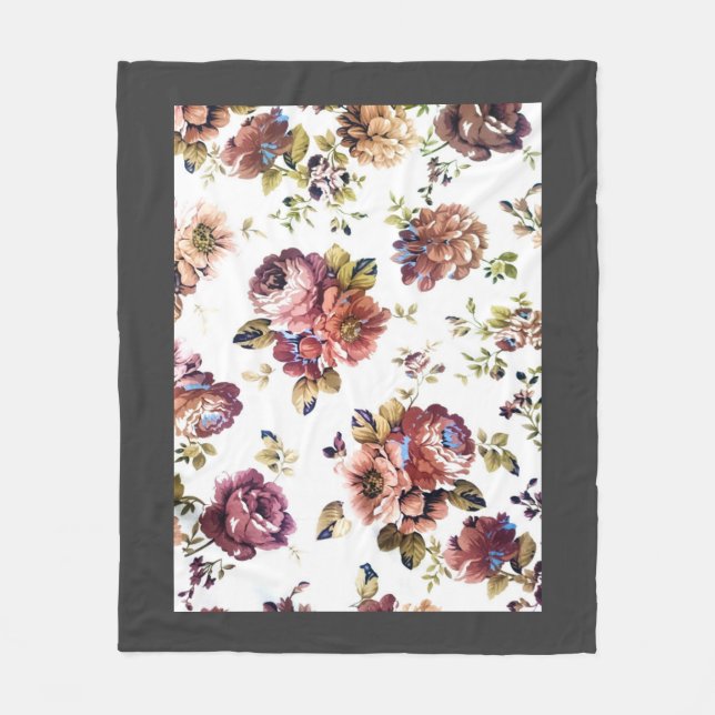 Girly Shabby Chic Florals Grey Border Fleece Blanket (Front)