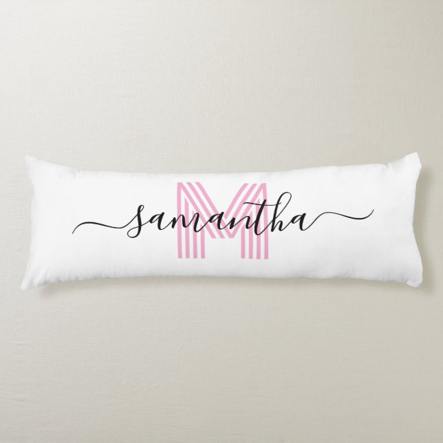 Girly Signature Name Light Pink Retro Monogram Body Pillow (Front)