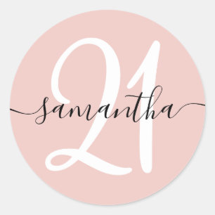 Girly Signature Personalized Number 21 Blush Classic Round Sticker
