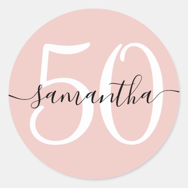 Girly Signature Personalized Number 50 Blush Classic Round Sticker (Front)