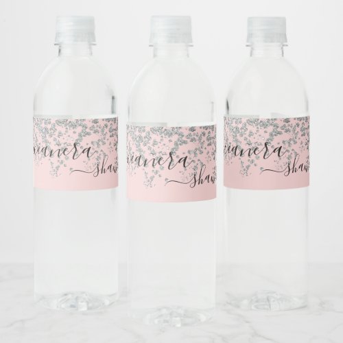 Girly Silver and Blush Pink Monogram Sparkle Water Bottle Label