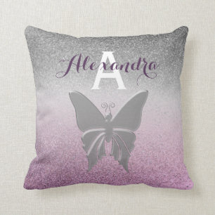 Girly Silver and Purple Monogrammed Throw Pillow