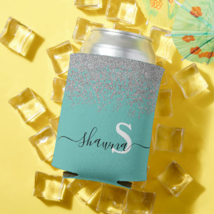 Girly Silver and Teal Monogram Aqua Sparkle Can Cooler