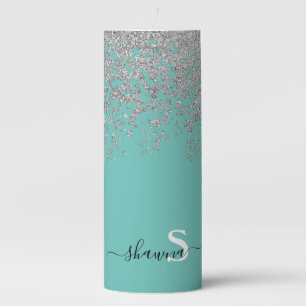 Girly Silver and Teal Monogram Aqua Sparkle Pillar Candle