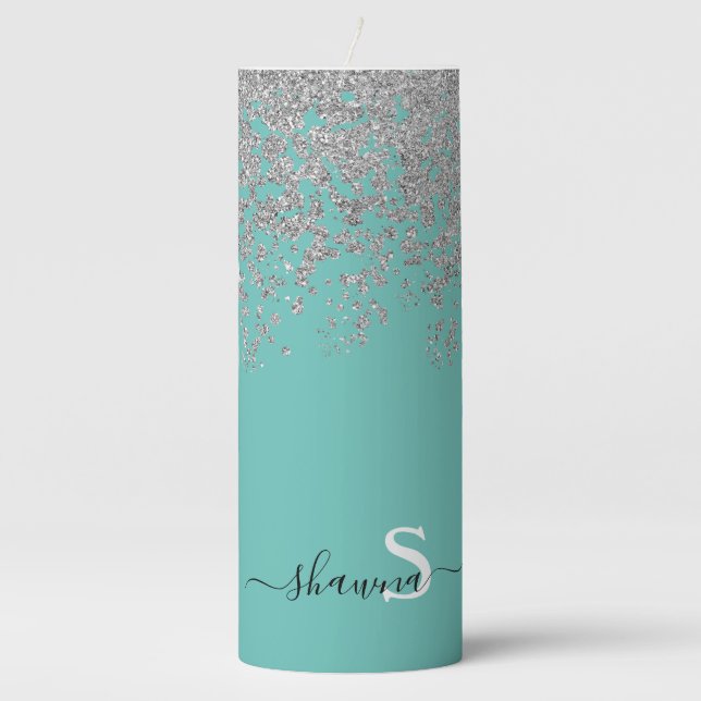 Girly Silver and Teal Monogram Aqua Sparkle Pillar Candle (Front)