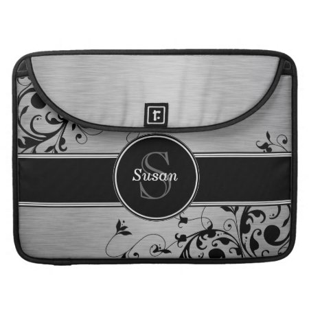 Girly Silver Black Floral Swirls Monogram Name Sleeve For Macbook Pro