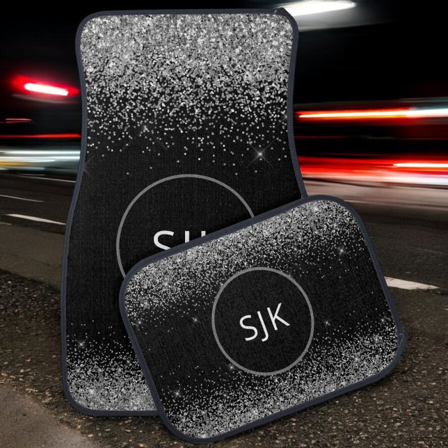Girly Silver Black Glitter Sparkle Monogram Car Floor Mat (Creator Uploaded)