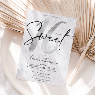 Girly silver border marble script photo Sweet 16 Invitation