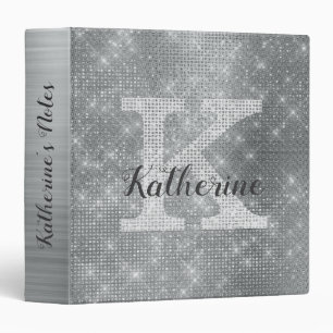Girly Silver Diamond Glam Sparkle Monogram Name 3 Ring Binder