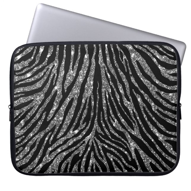 Girly Silver Faux Glitter Black Zebra Pattern Laptop Sleeve (Front)