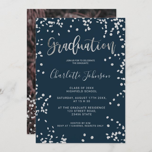Girly silver foil confetti navy blue graduation invitation (Front/Back)