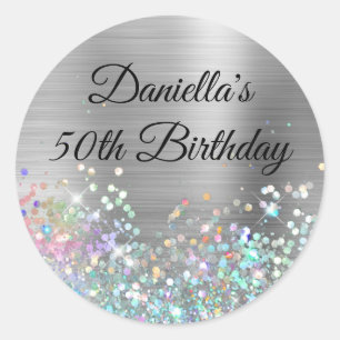 Girly Silver Foil Holo Glitter Birthday Classic Round Sticker