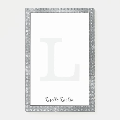 Girly Silver Glam Diamond Sparkle Monogram Name Post_it Notes