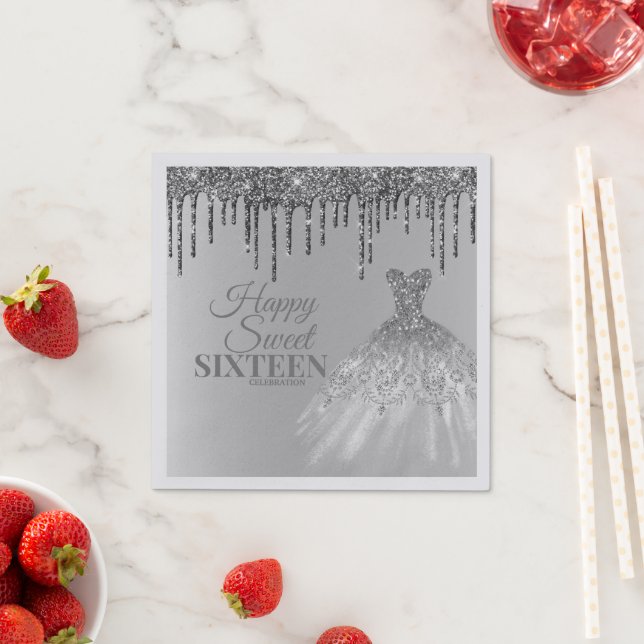 Girly Silver Glam Glitter Drips Sweet 16 Birthday  Napkins (Insitu)