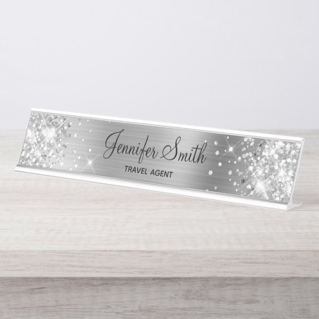 Girly Silver Glitter and Foil Desk Name Plate (Front)