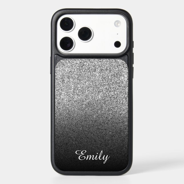 Girly Silver Glitter Black Ombre Personalized Otterbox iPhone Case (Back)