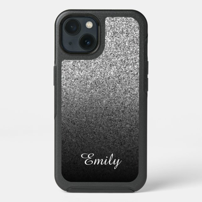Girly Silver Glitter Black Ombre Personalized Otterbox iPhone Case (Back)