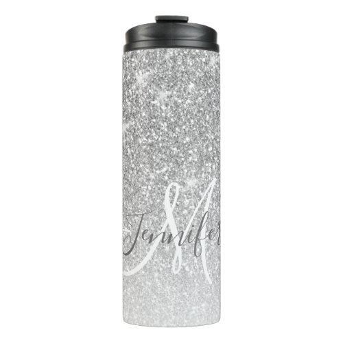 Girly Silver Glitter Blush Monogram Name  Thermal Tumbler