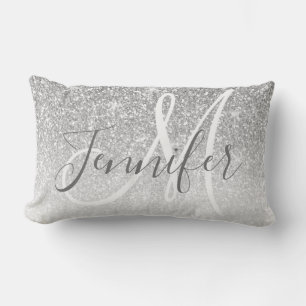Girly Silver Glitter Blush Name Monogram Lumbar Pillow