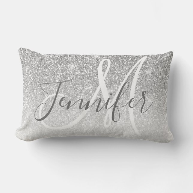 Girly Silver Glitter Blush Name Monogram Lumbar Pillow (Front)