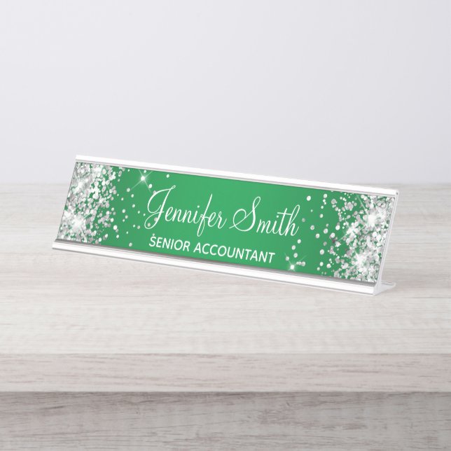 Girly Silver Glitter Bright Green Gradient Desk Name Plate (Front)